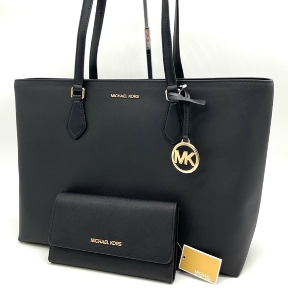 Michael Kors Bag Large Sheila Mf Tote Bag & Large Trifold Wallet Black/Gold - Picture 3 of 14